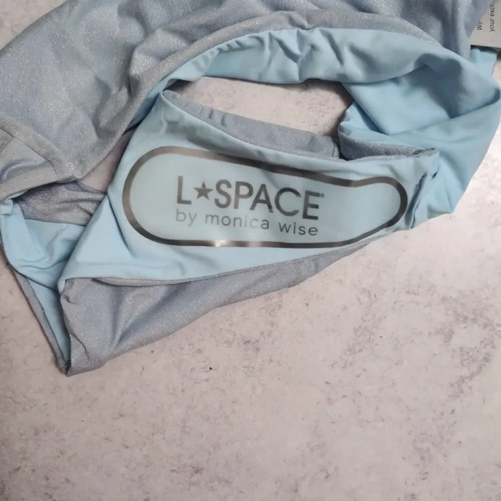 NWT L*Space Shimmer Sky Blue High-Waisted Twist Front Bikini Bottom Size L